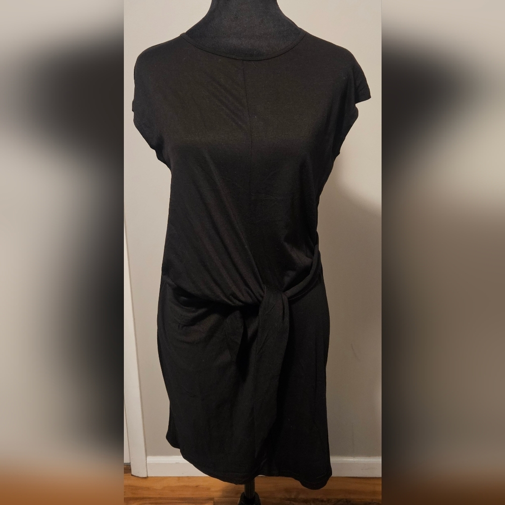 Simple Black Front Tie Casual T-shirt Dress Size M